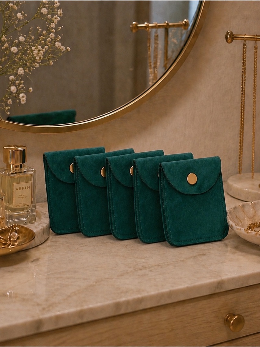 5pc Set Of Green Velvet Travel Jewelry Pouch With Snap Closure
